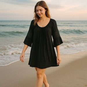 Charlotte Russe Dress Womens XL Black Boho Crochet Lace Bell Sleeve‎ Flowy Rayon